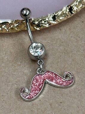 CLEAR GEM PINK GLITTER MUSTACHE DANGLE BELLY BUTTON RING NAVEL PIERCING NEW 14G